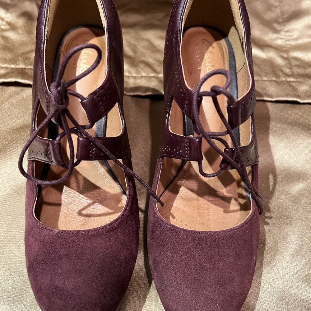 Clarks Purple Heels with Suede Finish and Lace-Up Design